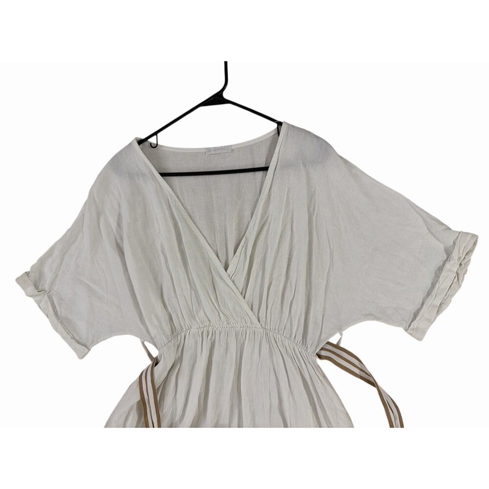 Made In Italy Linen Dress One Size White Wrap Style Short Sleeve Belted - Picture 4 of 8